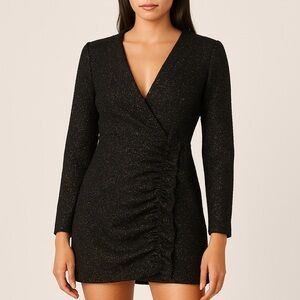 Zara Black Metallic Ruched Shoulder Pad Mini Dress Women’s Small